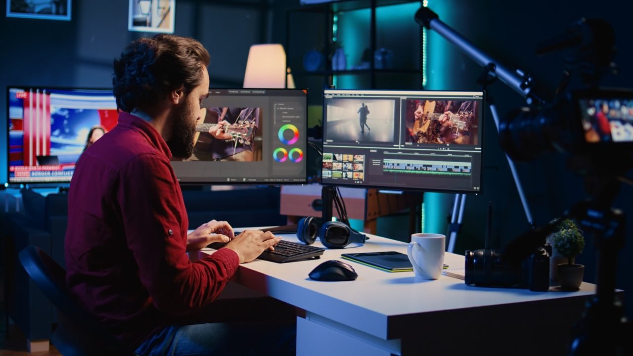 Videographer filming internet guide on video footage correcting